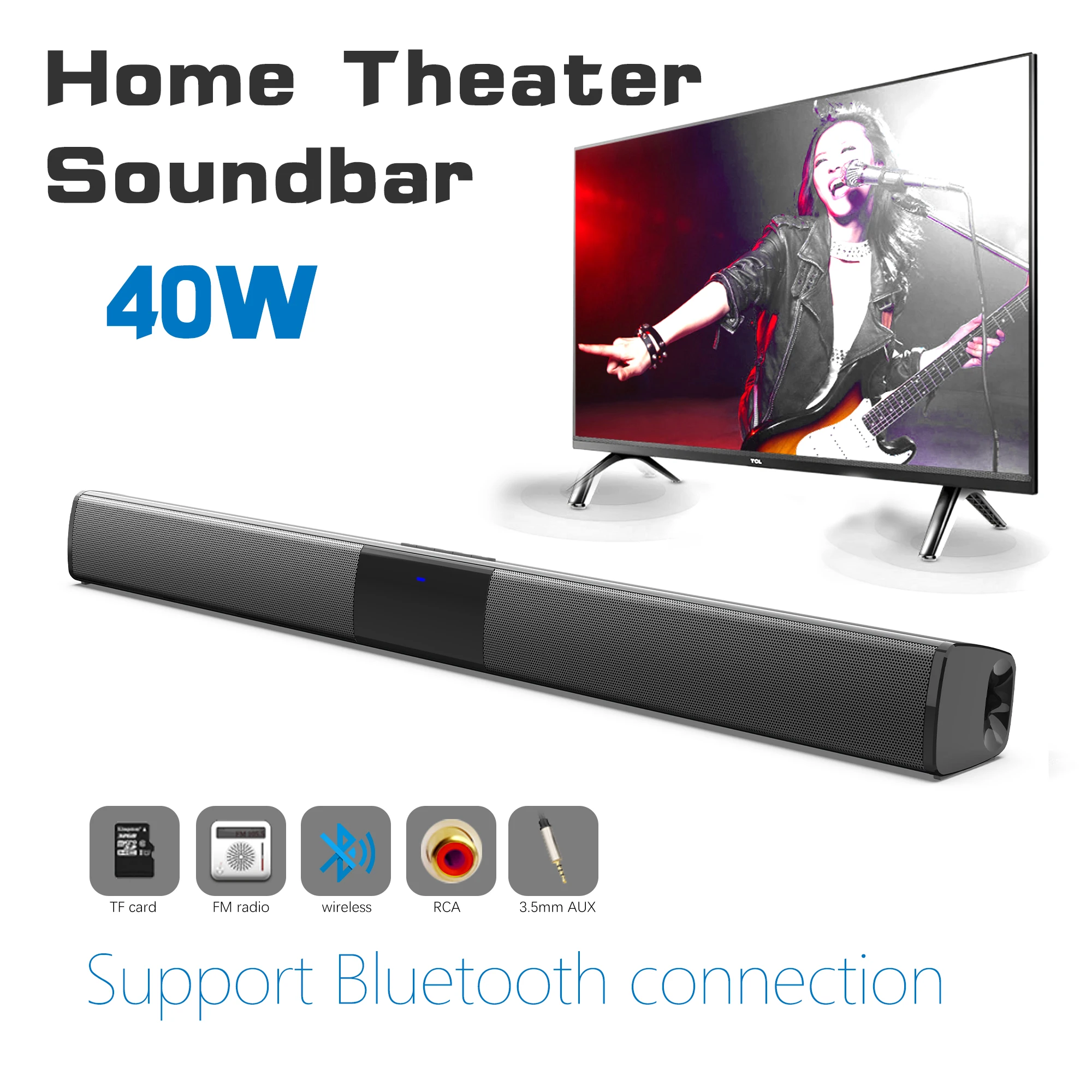 Home Cinema Wireless Speakers - Bluetoothワイヤレスサウンドバー,40W,ホームシアター,サウンドシステム,FMラジオ,サブウーファー,RCAサウンドボックス,TFカード,テレビ,コンピューター
